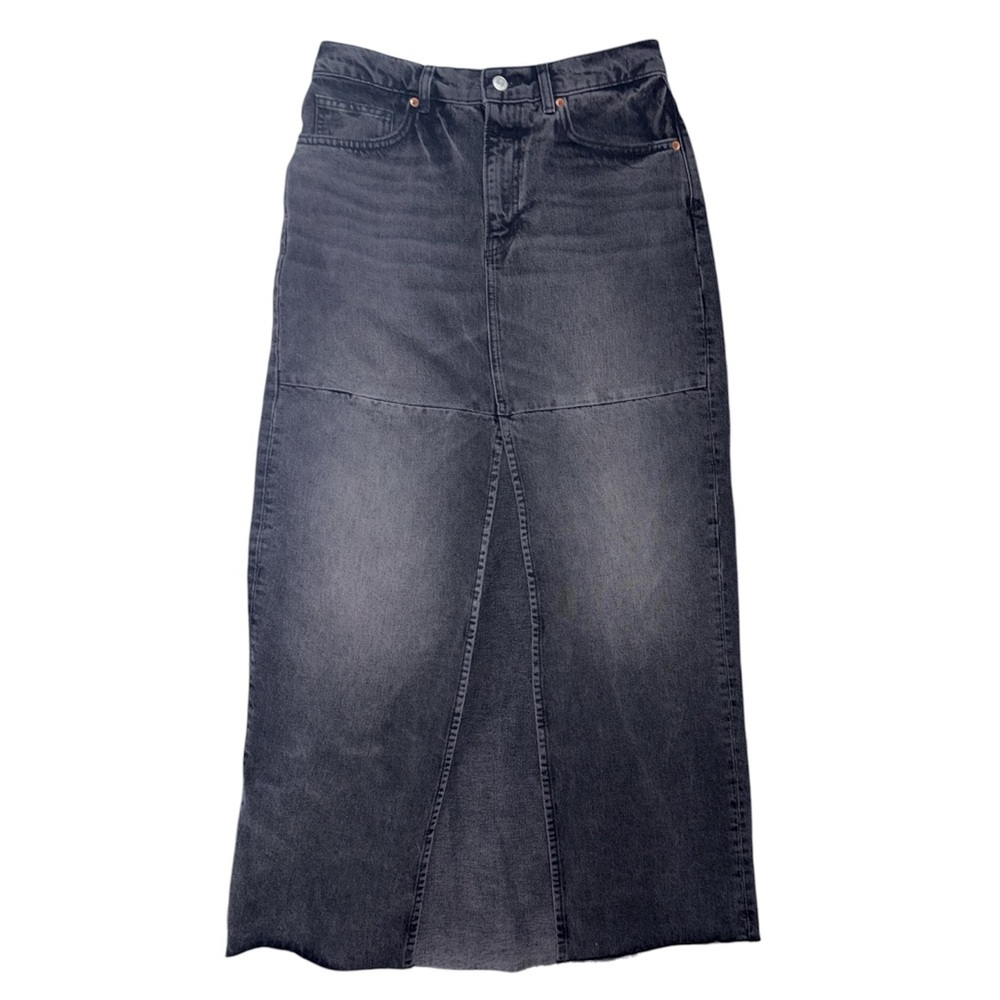 Reformation Tazz‎ Maxi Denim Skirt In Faded Black Color With Split Front Size 28 - Picture 2 of 11